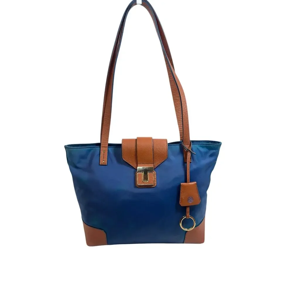 Tory Burch Blue Nylon Tote Tan Leather Trim Gold Hardware Shoulder Bag